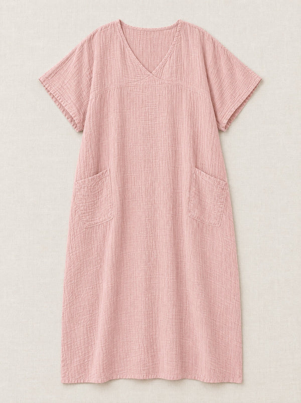 Double-gauze cotton nightgown with V-neck and pockets for women