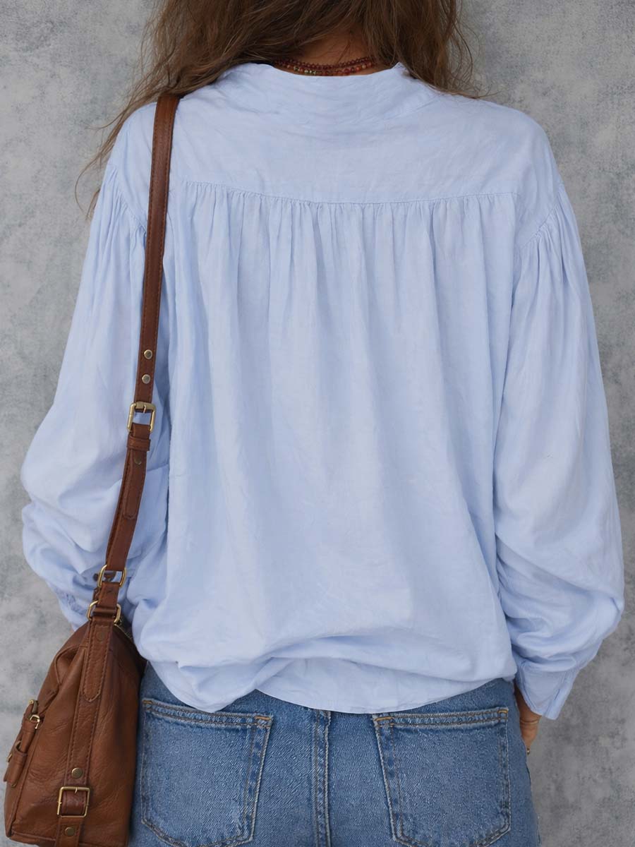 Cotton blouse with ruffle cuffs and relaxed fit for women