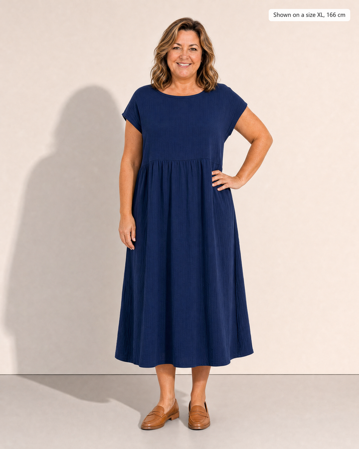 Crinkle cotton midi dress with dropped waist and pockets for women