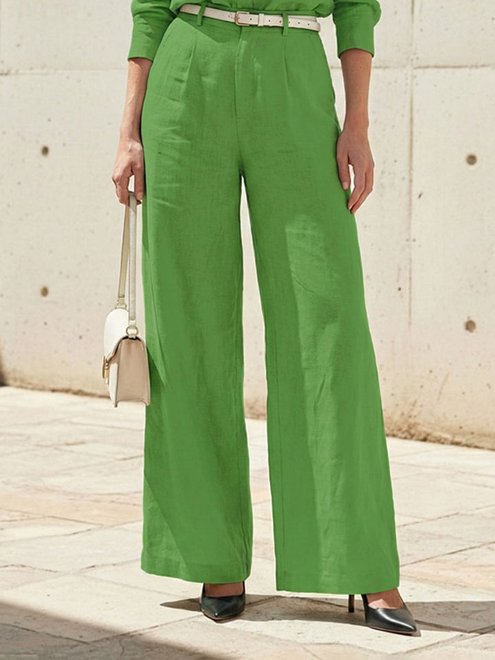 Cotton linen wide-leg trousers with high waist and relaxed fit for women