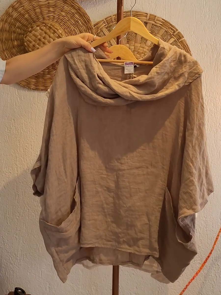 Cotton draped neck top with 3/4 sleeves and pockets for women
