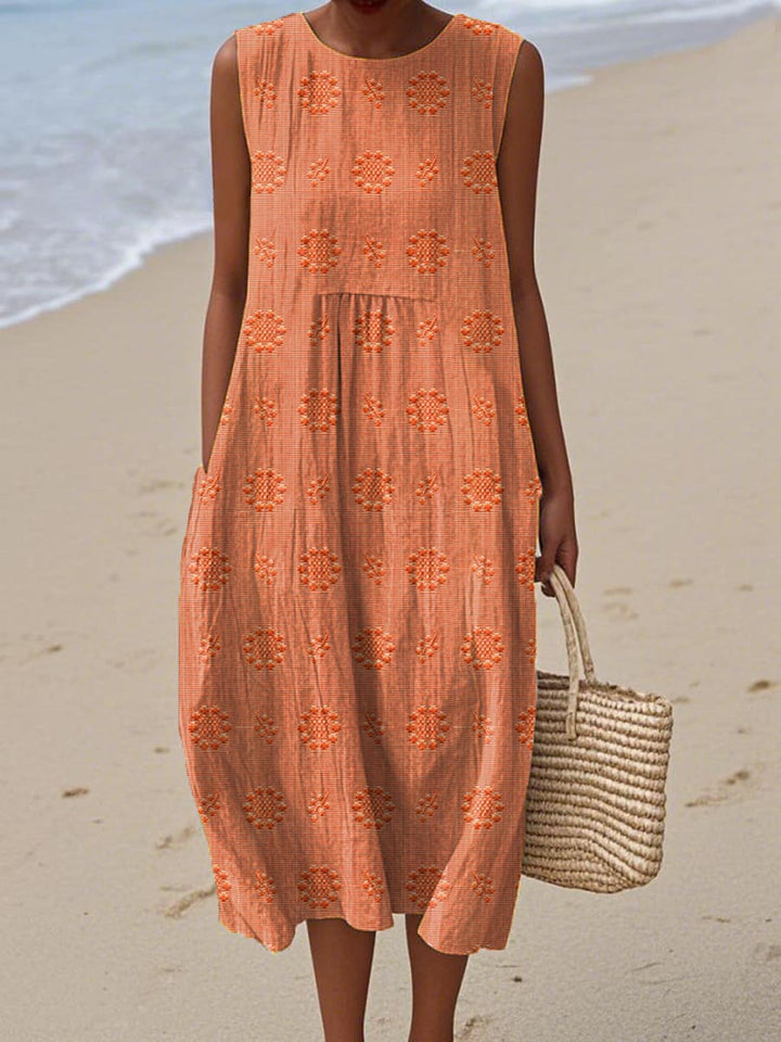 Embroidered midi dress with pockets for women
