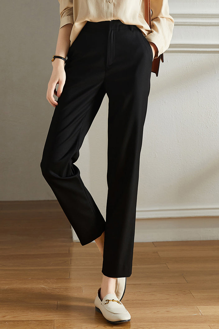 Cropped straight office trousers with elastic back for women