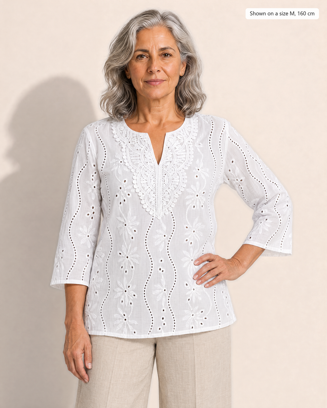 Eyelet embroidered blouse with split round neck for women