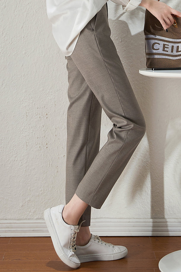 Cropped straight office trousers with elastic back for women