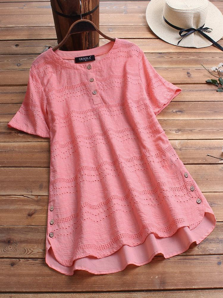 Cotton eyelet tunic top with button detail and short sleeves for women