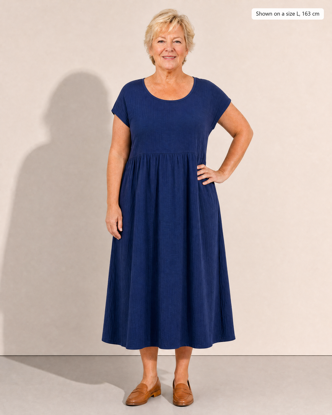 Crinkle cotton midi dress with dropped waist and pockets for women