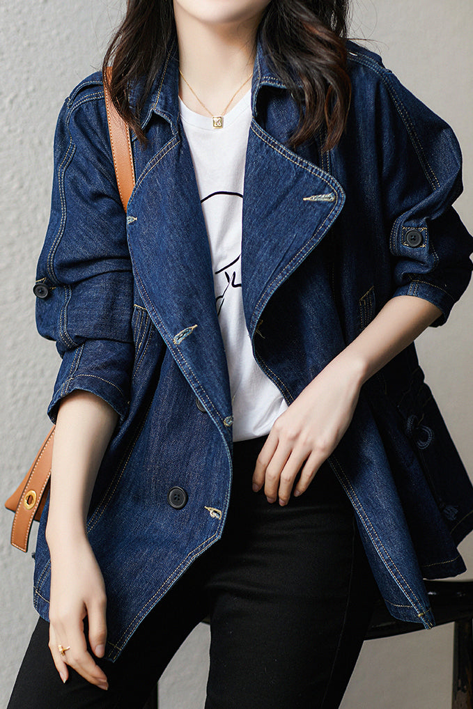 Cotton denim jacket with lapel collar and drawstring waist for women