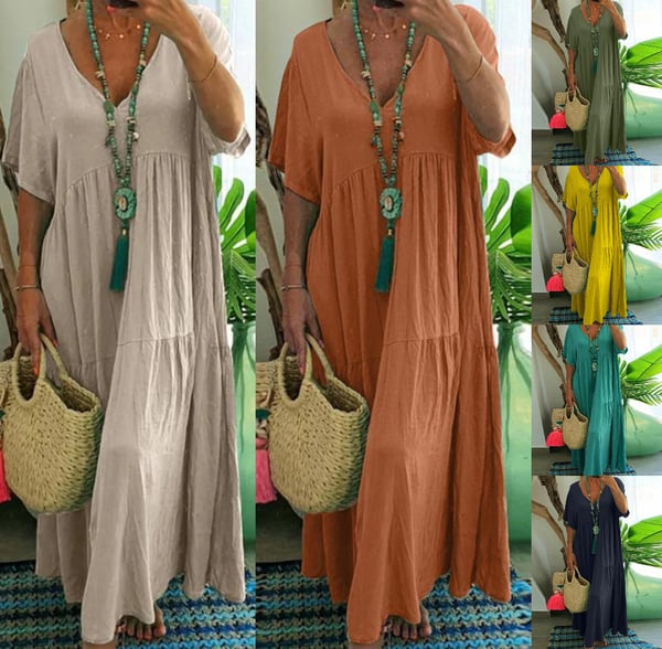 Casual v-neck long dress with short sleeves for women