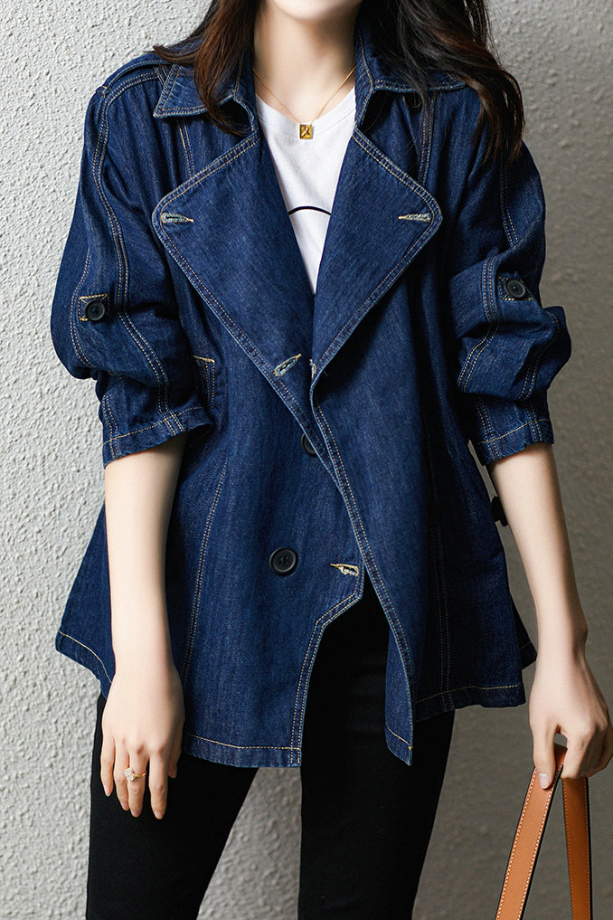 Cotton denim jacket with lapel collar and drawstring waist for women