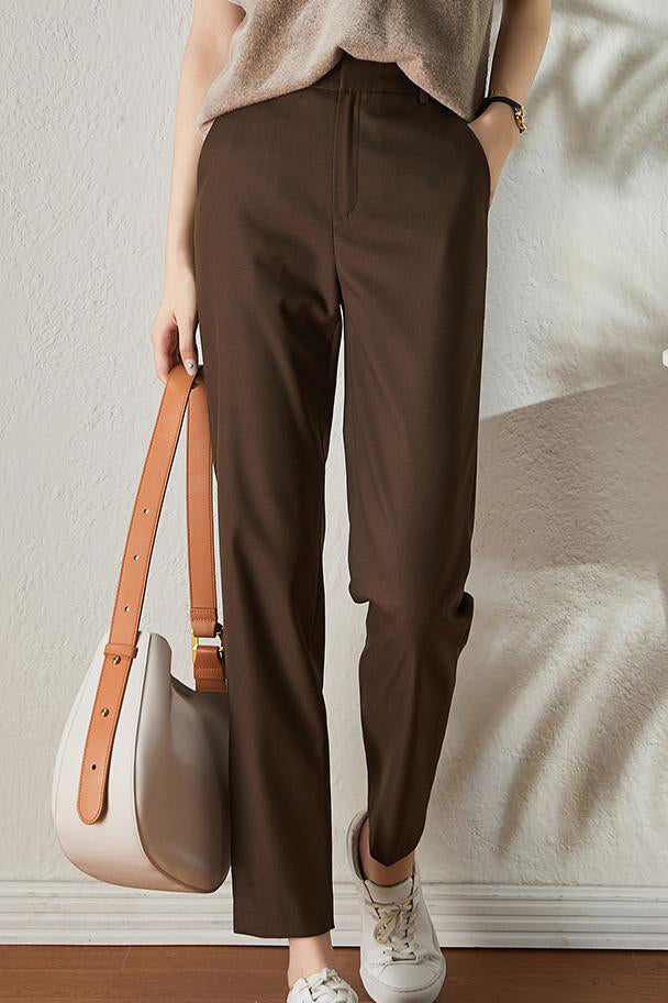 Cropped straight office trousers with elastic back for women