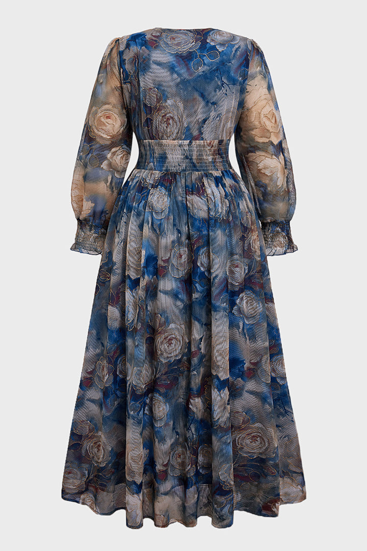 Plus size long sleeve maxi dress with floral waist for women