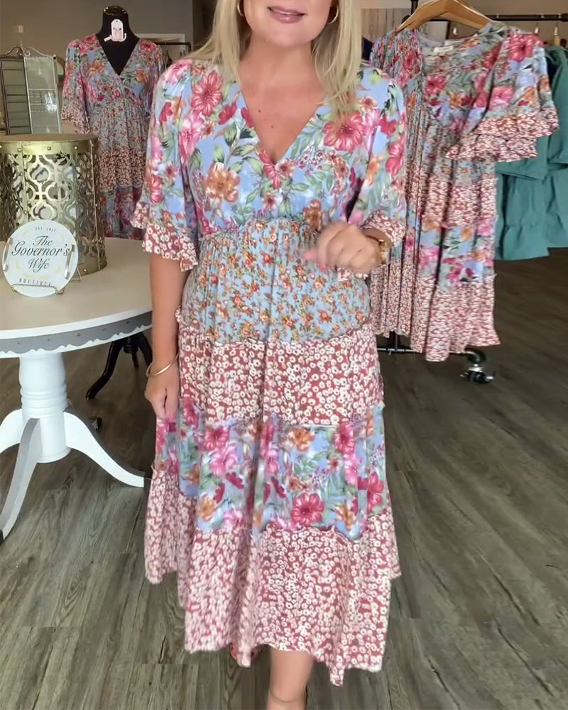 Floral maxi dress with V-neck and ruffle half sleeves for women