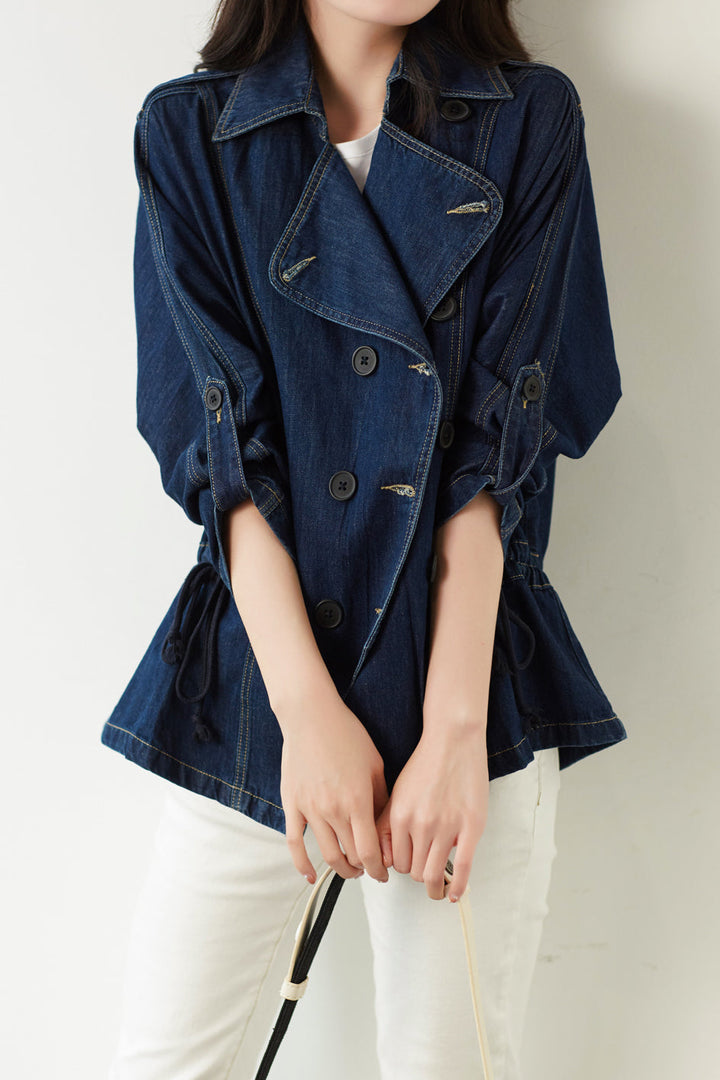 Cotton denim jacket with lapel collar and drawstring waist for women