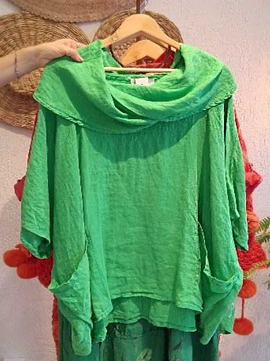 Cotton draped neck top with 3/4 sleeves and pockets for women