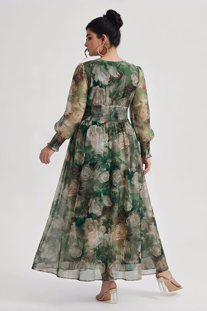 Plus size long sleeve maxi dress with floral waist for women