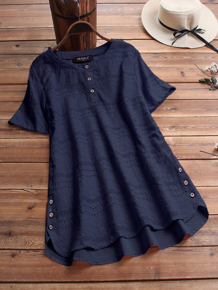 Cotton eyelet tunic top with button detail and short sleeves for women