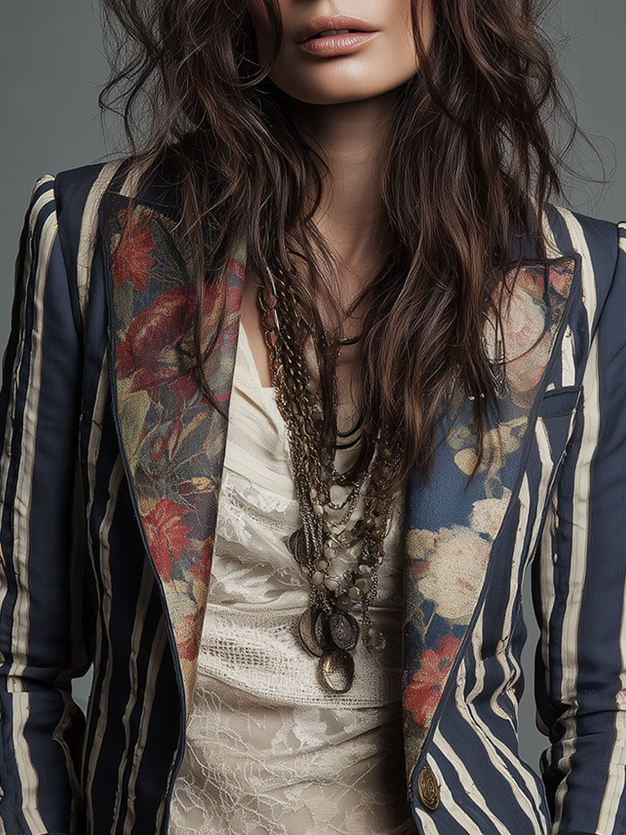 Cotton linen striped blazer with floral print for women