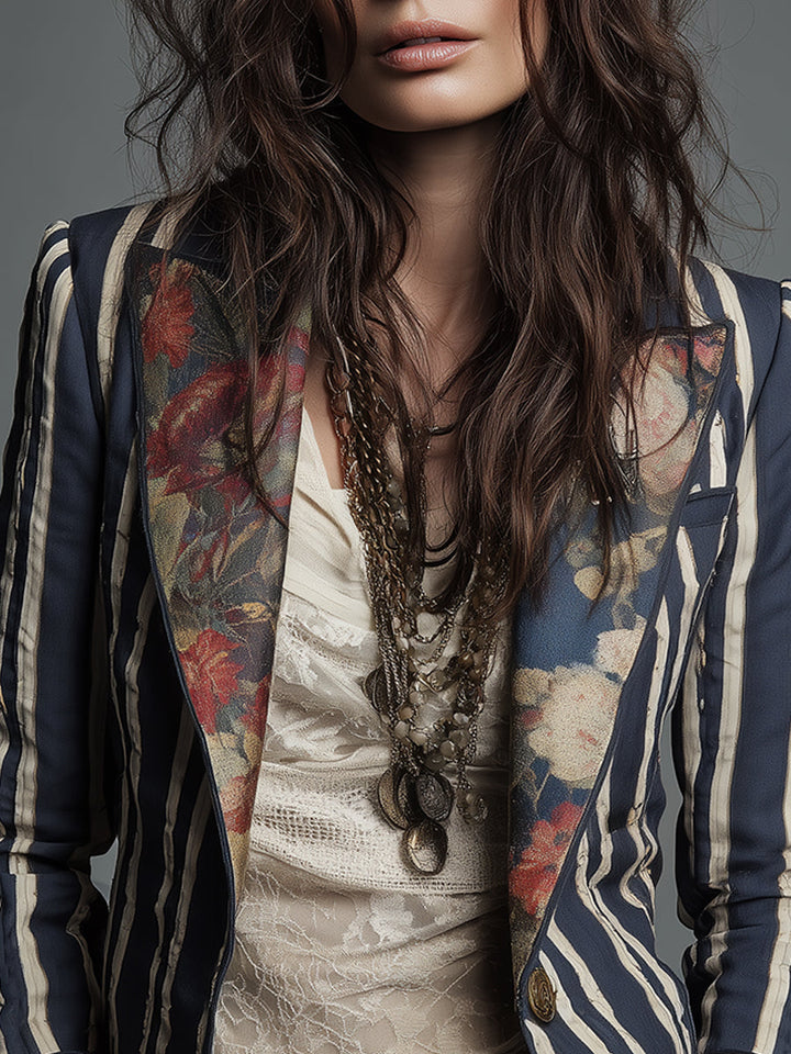 Cotton linen striped blazer with floral print for women