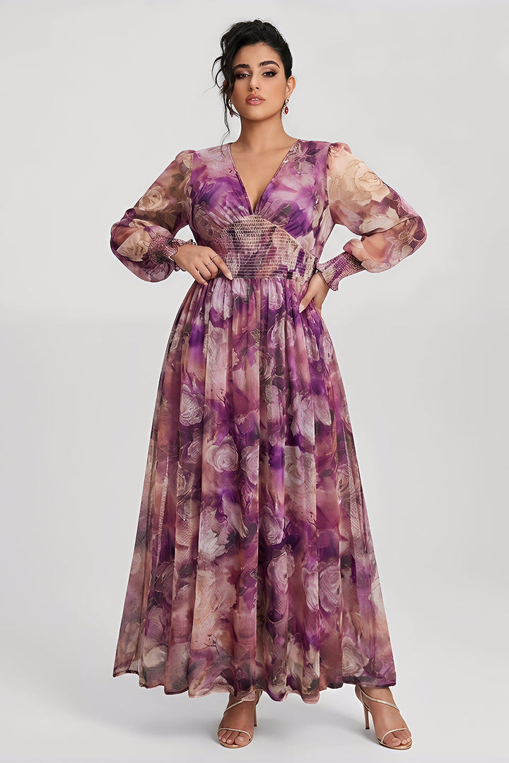 Plus size long sleeve maxi dress with floral waist for women