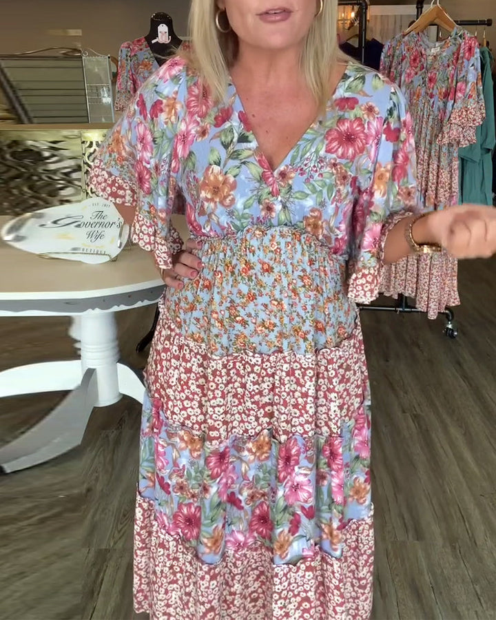 Floral maxi dress with V-neck and ruffle half sleeves for women
