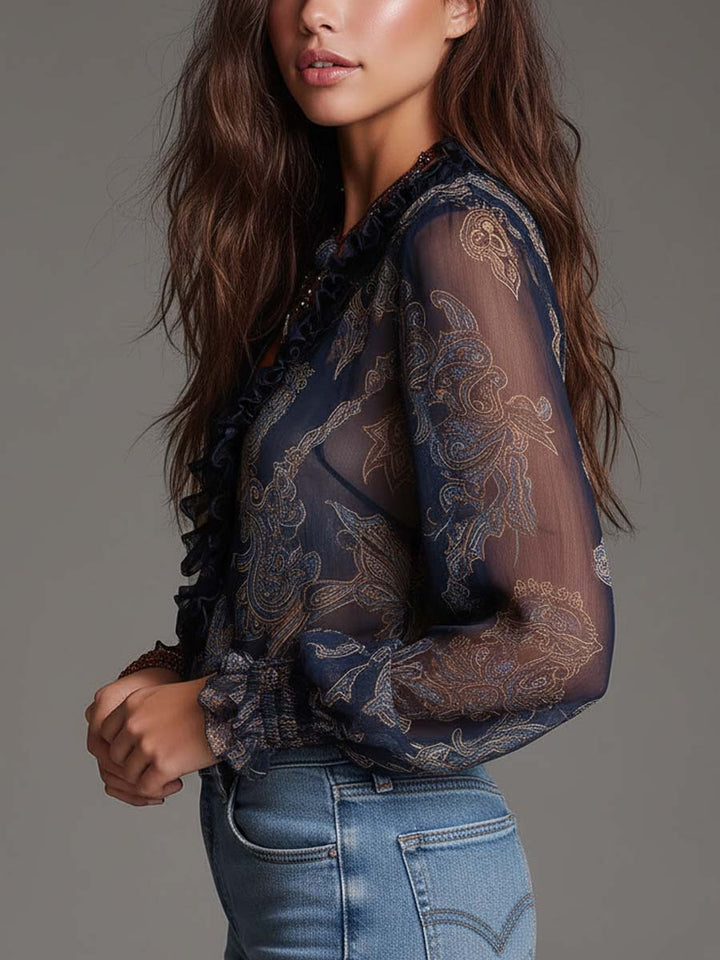 Chiffon paisley blouse with ruffle V-neck for women