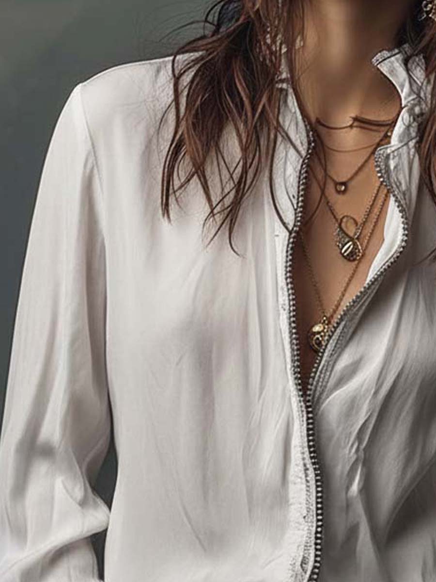 Zip-front blouse with flounce cuffs for women