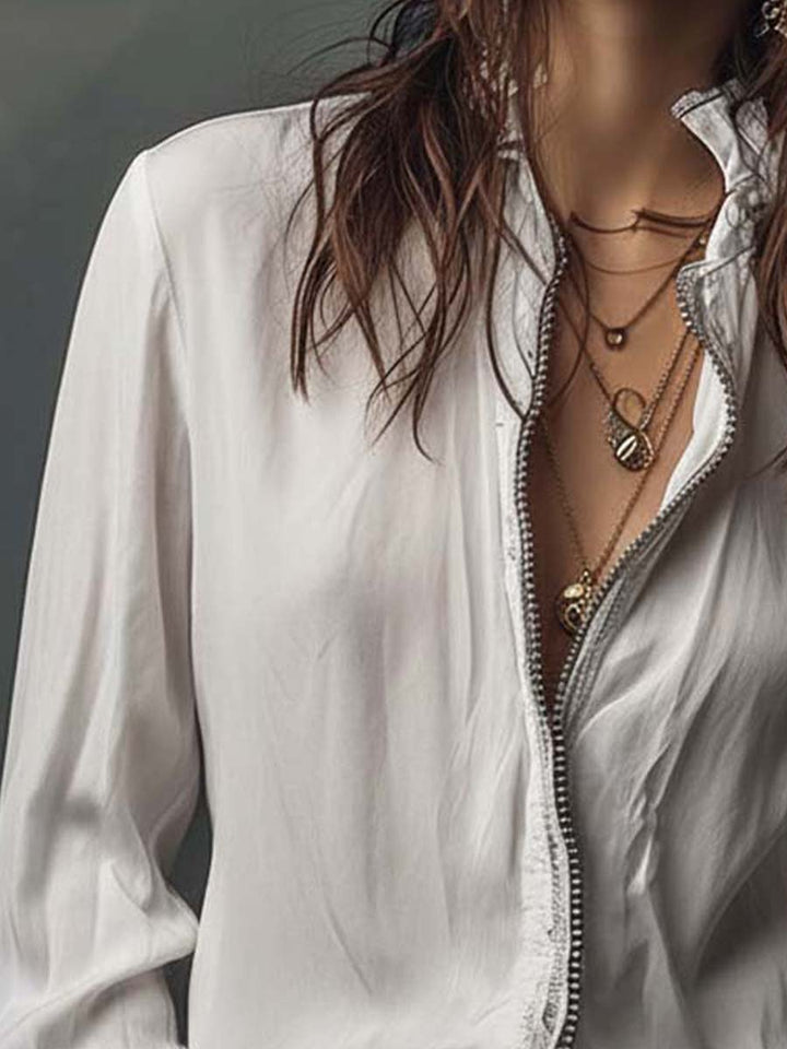 Zip-front blouse with flounce cuffs for women