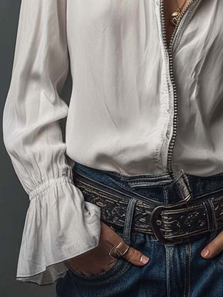 Zip-front blouse with flounce cuffs for women
