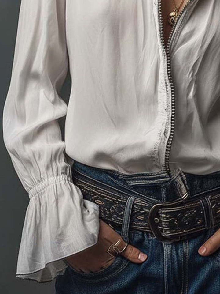 Zip-front blouse with flounce cuffs for women