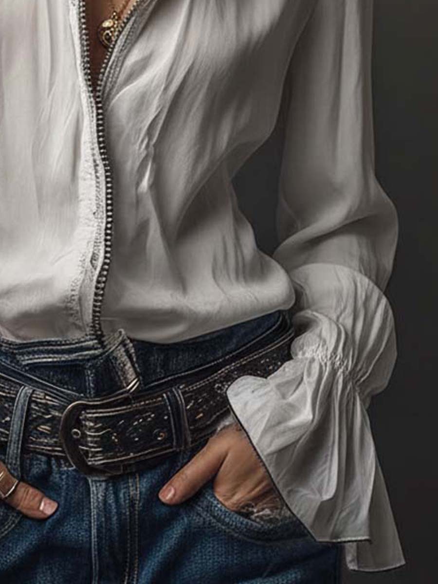 Zip-front blouse with flounce cuffs for women