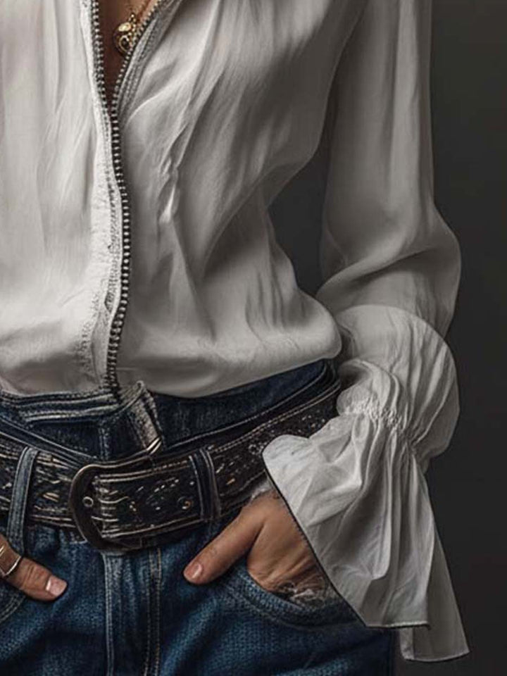 Zip-front blouse with flounce cuffs for women