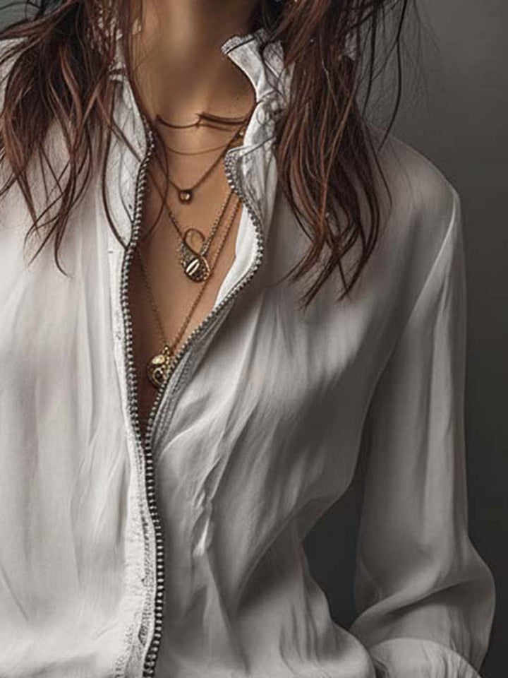 Zip-front blouse with flounce cuffs for women