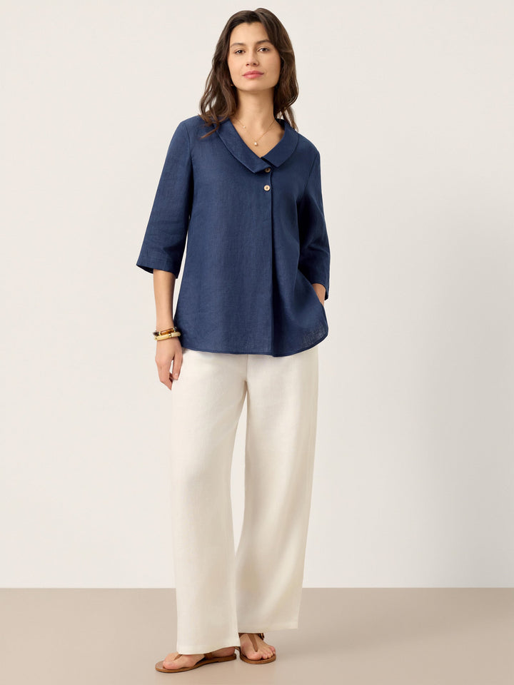 Linen pleat top with asymmetric collar for women