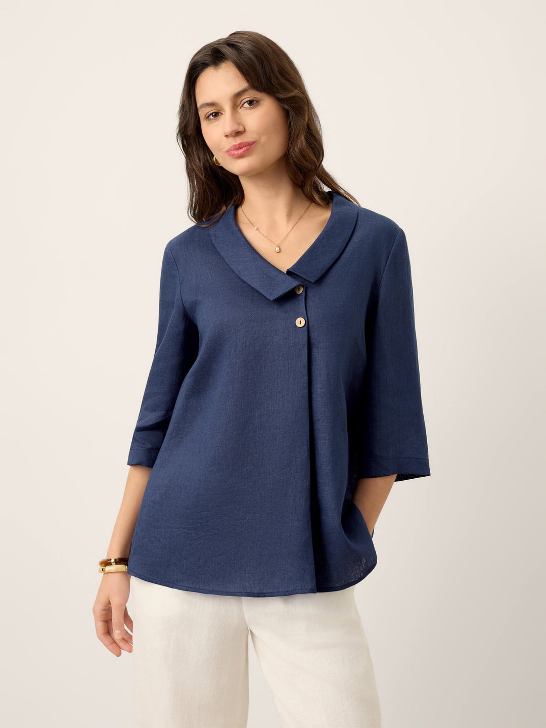 Linen pleat top with asymmetric collar for women
