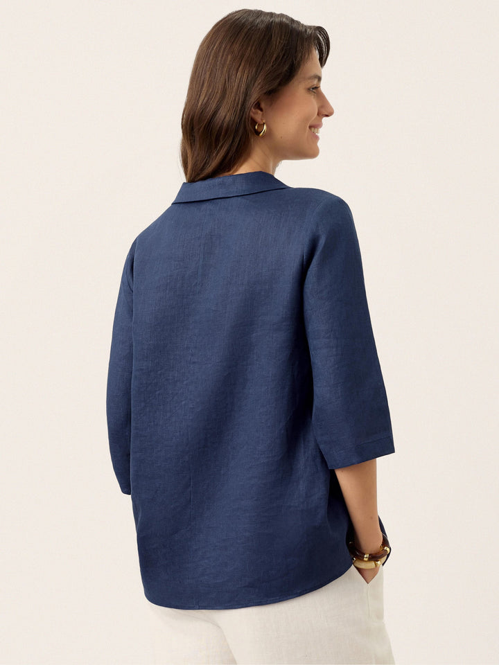 Linen pleat top with asymmetric collar for women