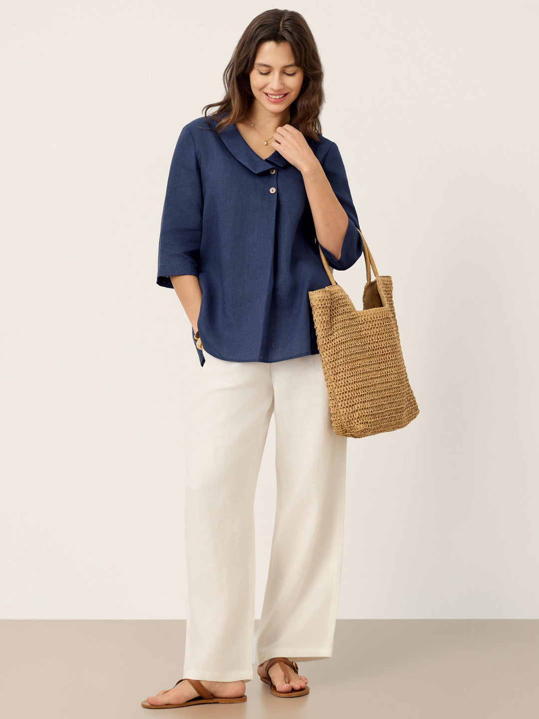 Linen pleat top with asymmetric collar for women