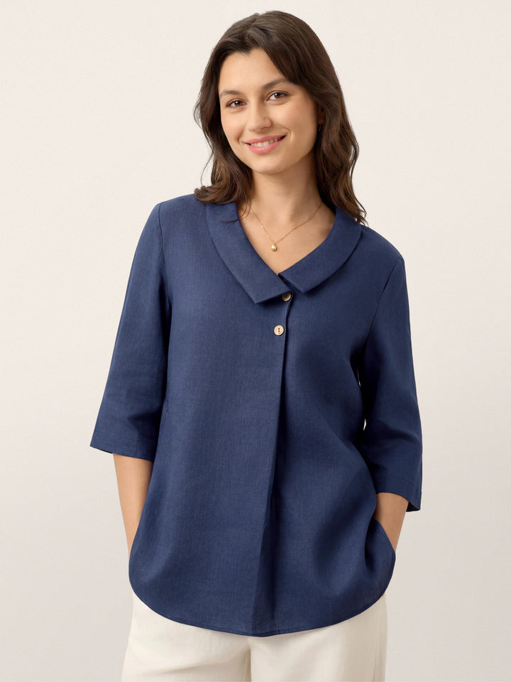 Linen pleat top with asymmetric collar for women