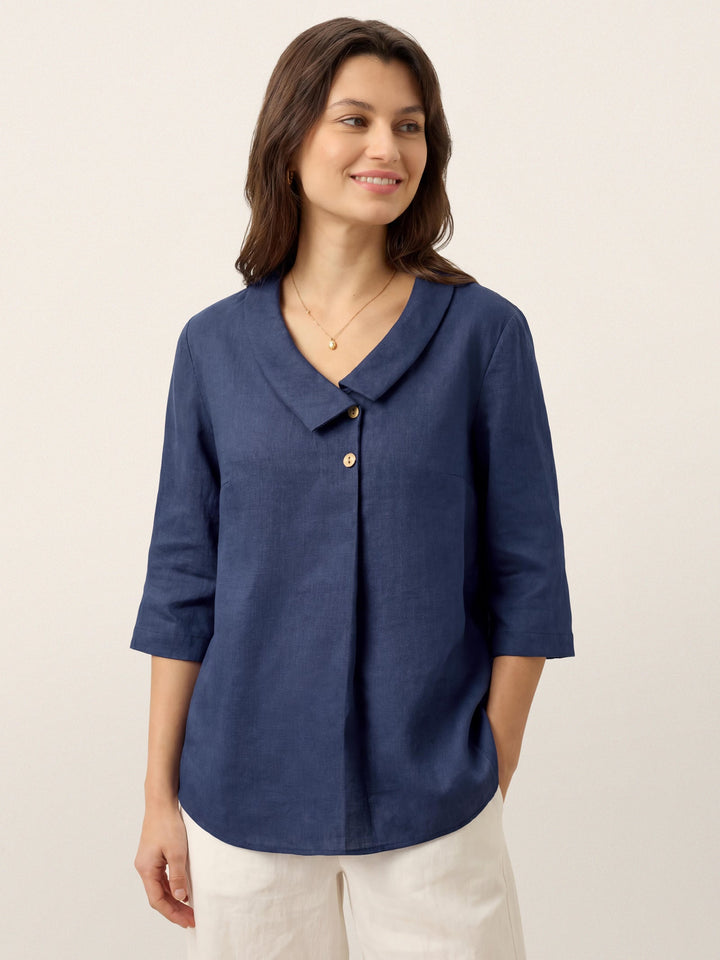 Linen pleat top with asymmetric collar for women