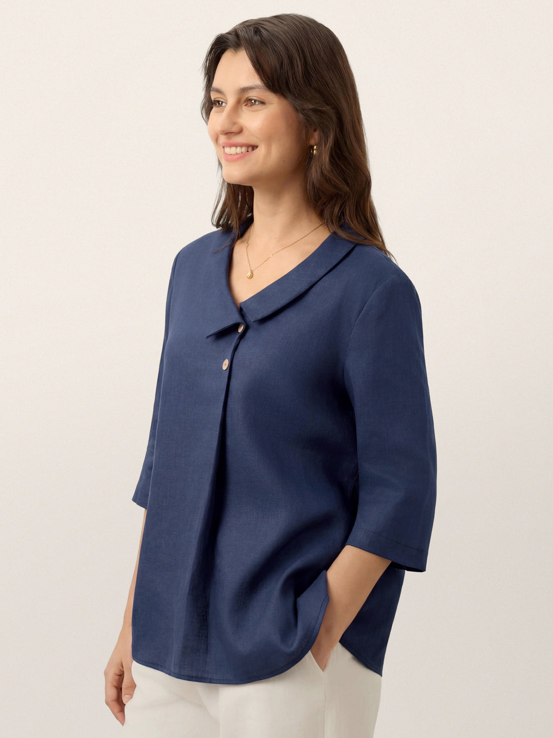 Linen pleat top with asymmetric collar for women