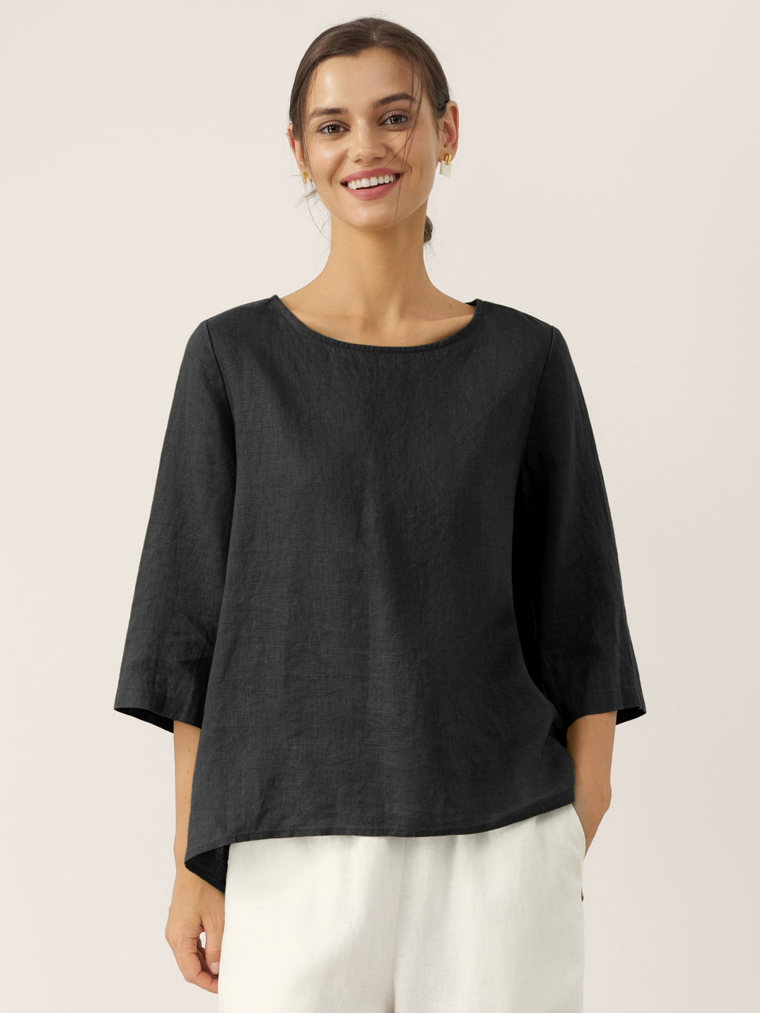 Linen tunic top with asymmetric hem for women