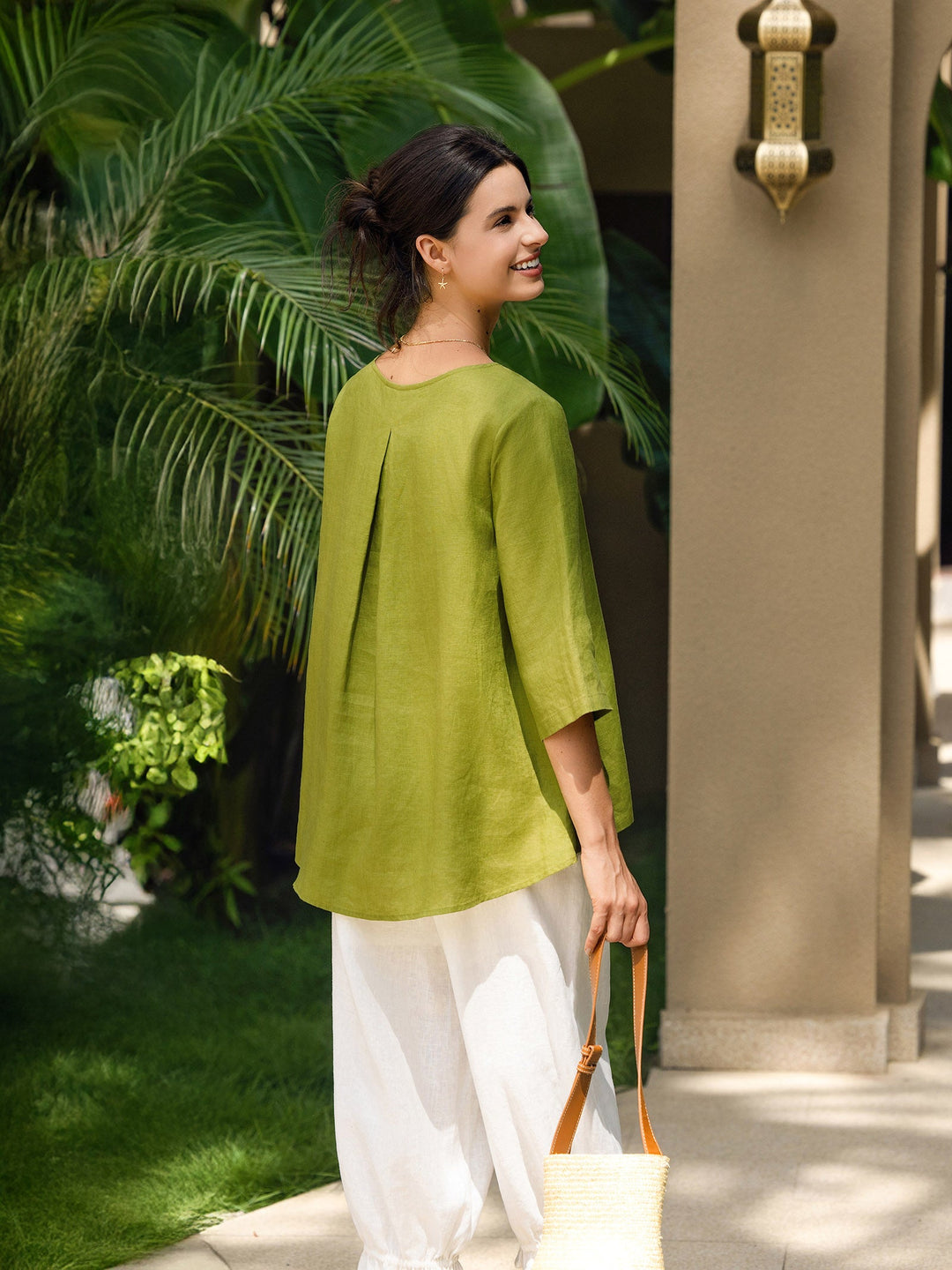 Linen tunic top with asymmetric hem for women