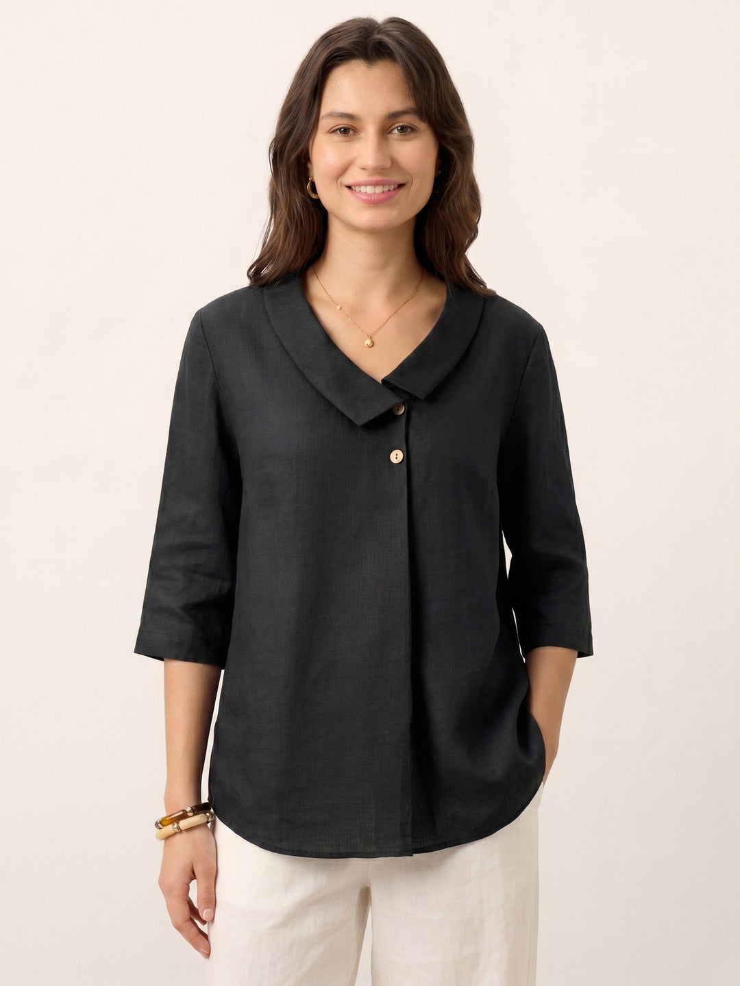 Linen pleat top with asymmetric collar for women