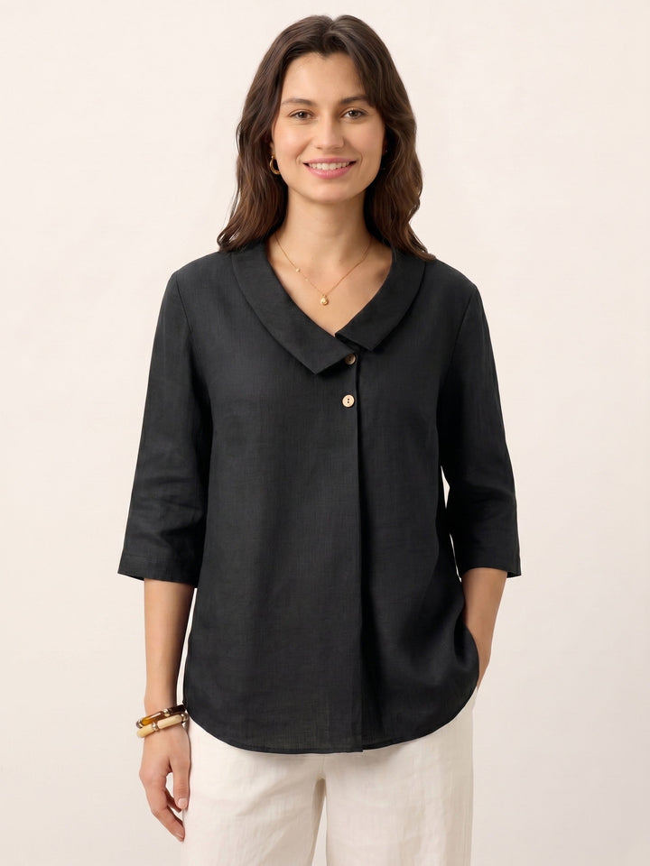 Linen pleat top with asymmetric collar for women