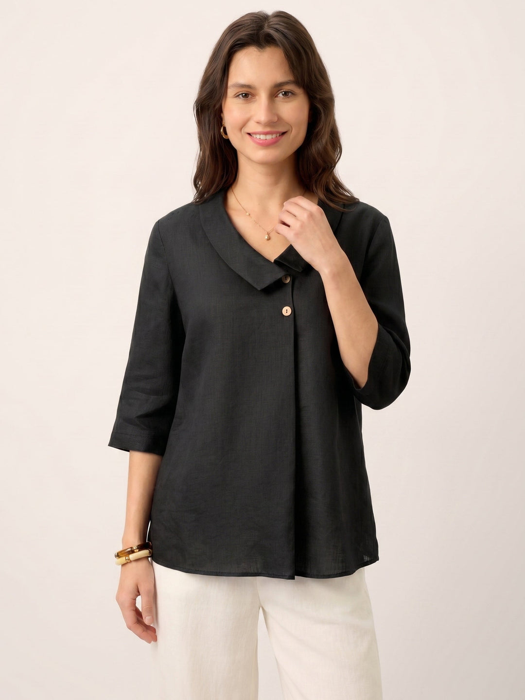 Linen pleat top with asymmetric collar for women
