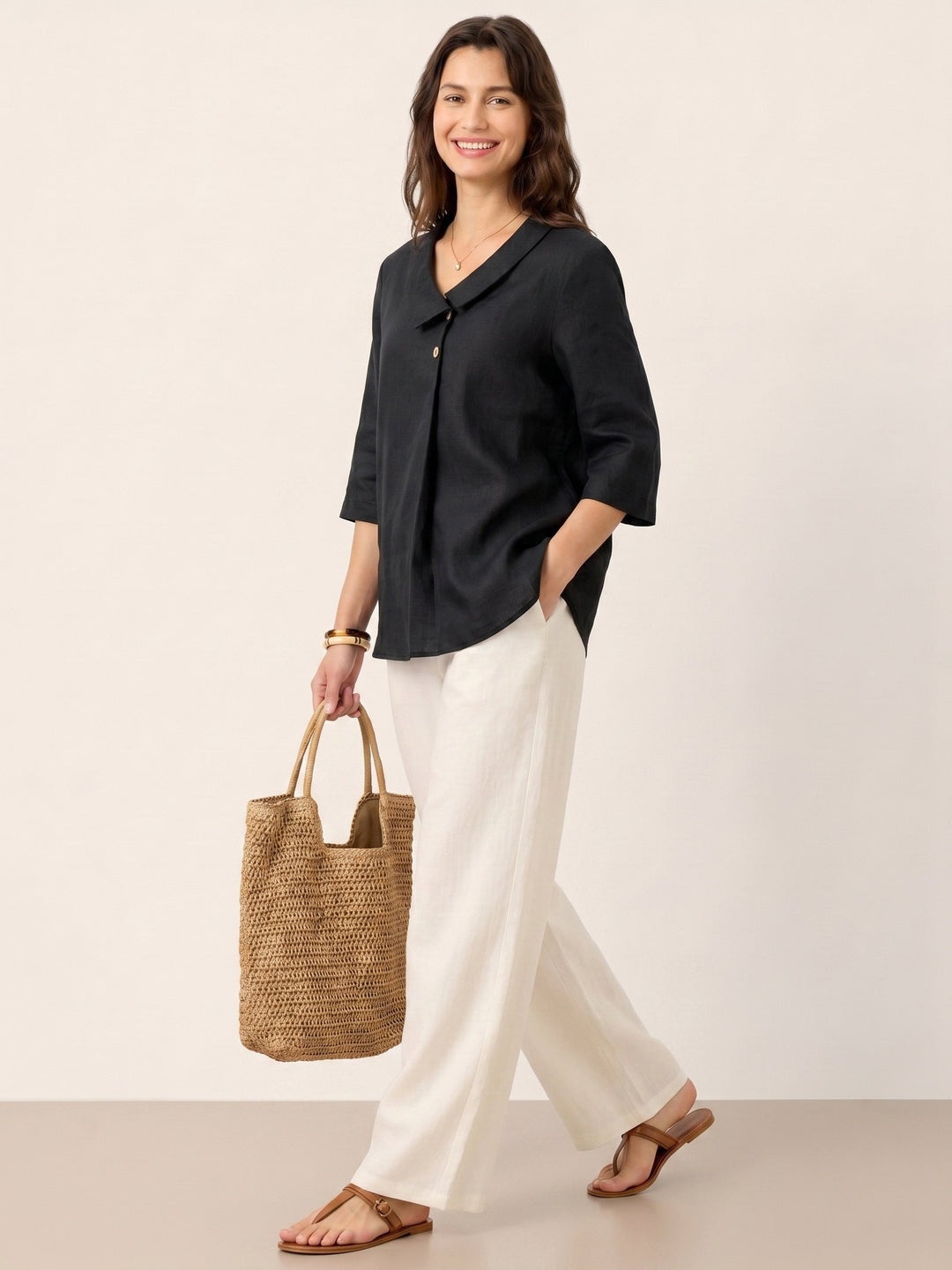 Linen pleat top with asymmetric collar for women