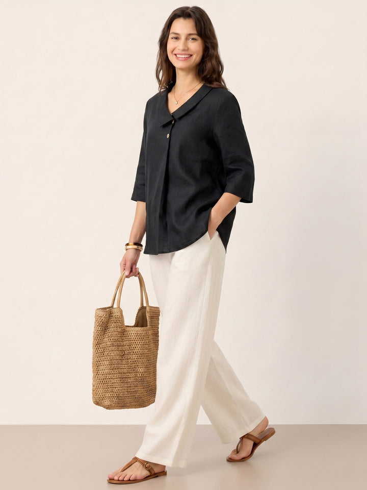 Linen pleat top with asymmetric collar for women