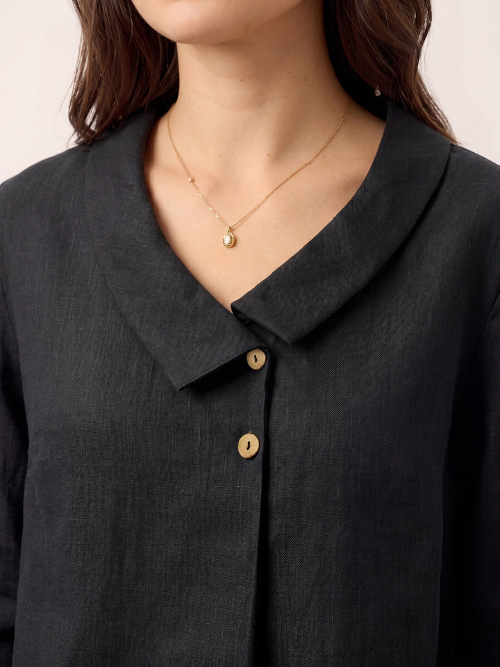 Linen pleat top with asymmetric collar for women