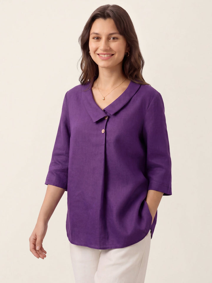 Linen pleat top with asymmetric collar for women