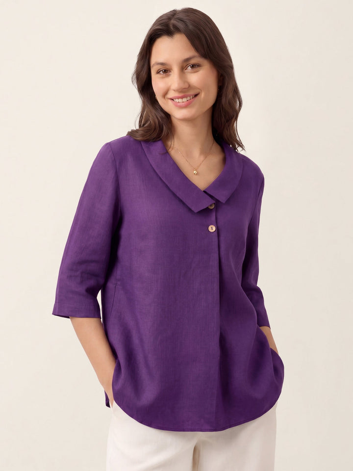 Linen pleat top with asymmetric collar for women